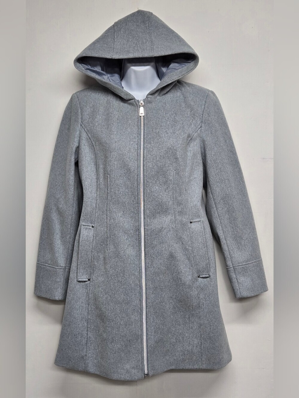 Vince Camuto M Pea Coat Hooded Zip Down Pockets Faux Wool Dusty Blue